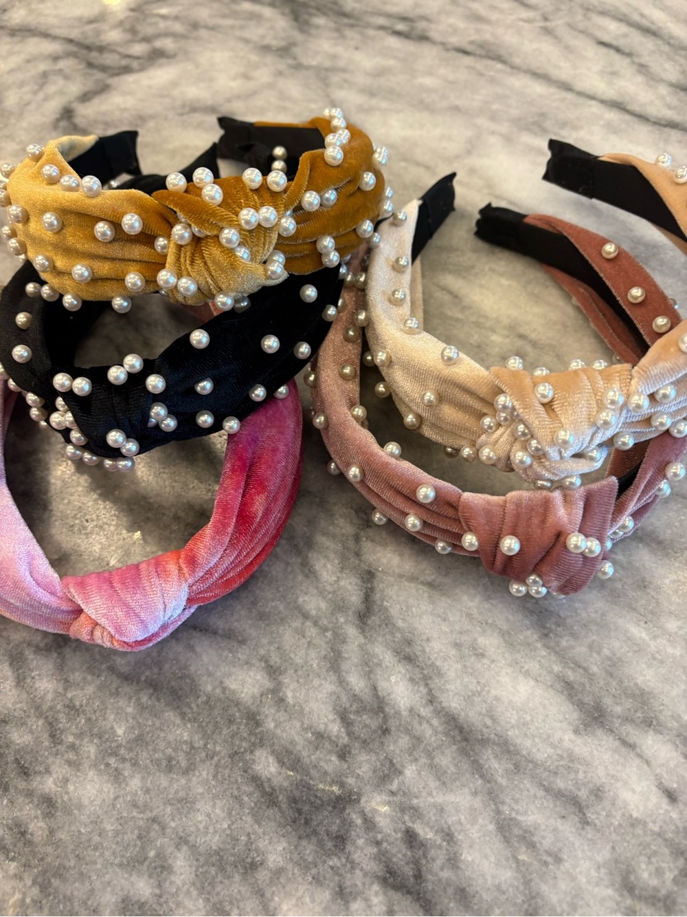 Pearl-Embellished Velvet Knot Headband - Black, Mustard, Blush, Pink